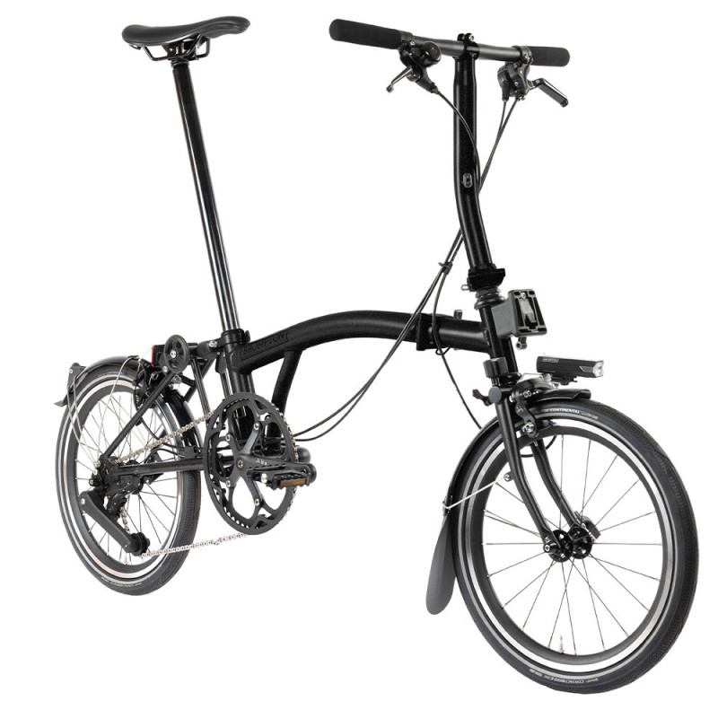 Vélo pliant Brompton P Line Urban 4 vitesses - Guidon S - 50 dents, Midnight Black, Rallongée, Sans